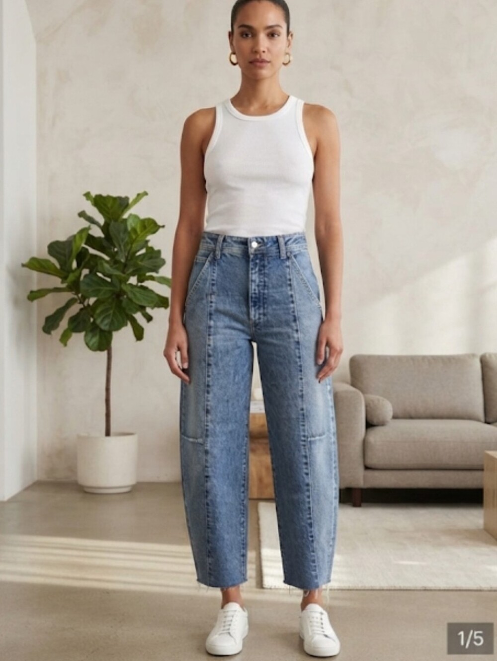 Barrel Leg Horseshoe High Waisted Boutique Blue Denim Jeans With Raw Hem - Picture 7 of 7